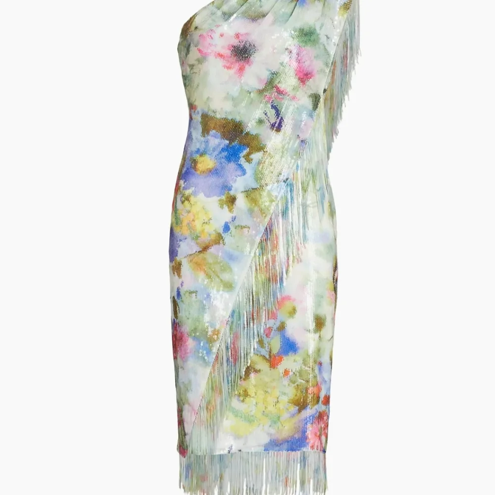 BADGLEY MISCHKA Green Multi Fringe Sequin Floral One Shoulder Dress - Picture 8 of 17